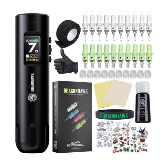 Dragonhawk X7 Wireless Tattoo Pen Kit Rotary Machine 3.5mm Stroke 20Pcs Cartridg - Picture 1 of 9